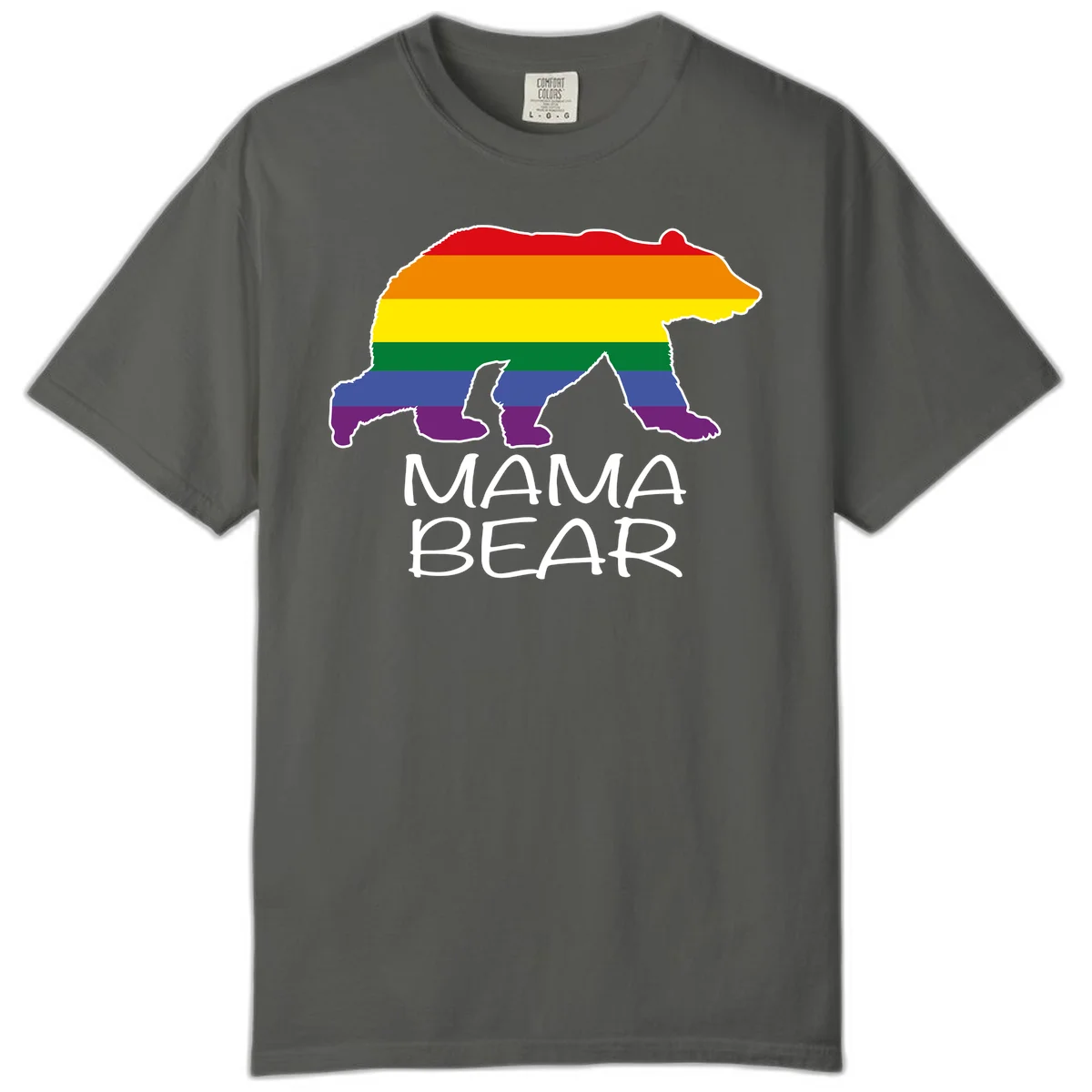 Mama bear silhouette with rainbow pride stripes and mountain details, with 'MAMA BEAR' text below in Pepper