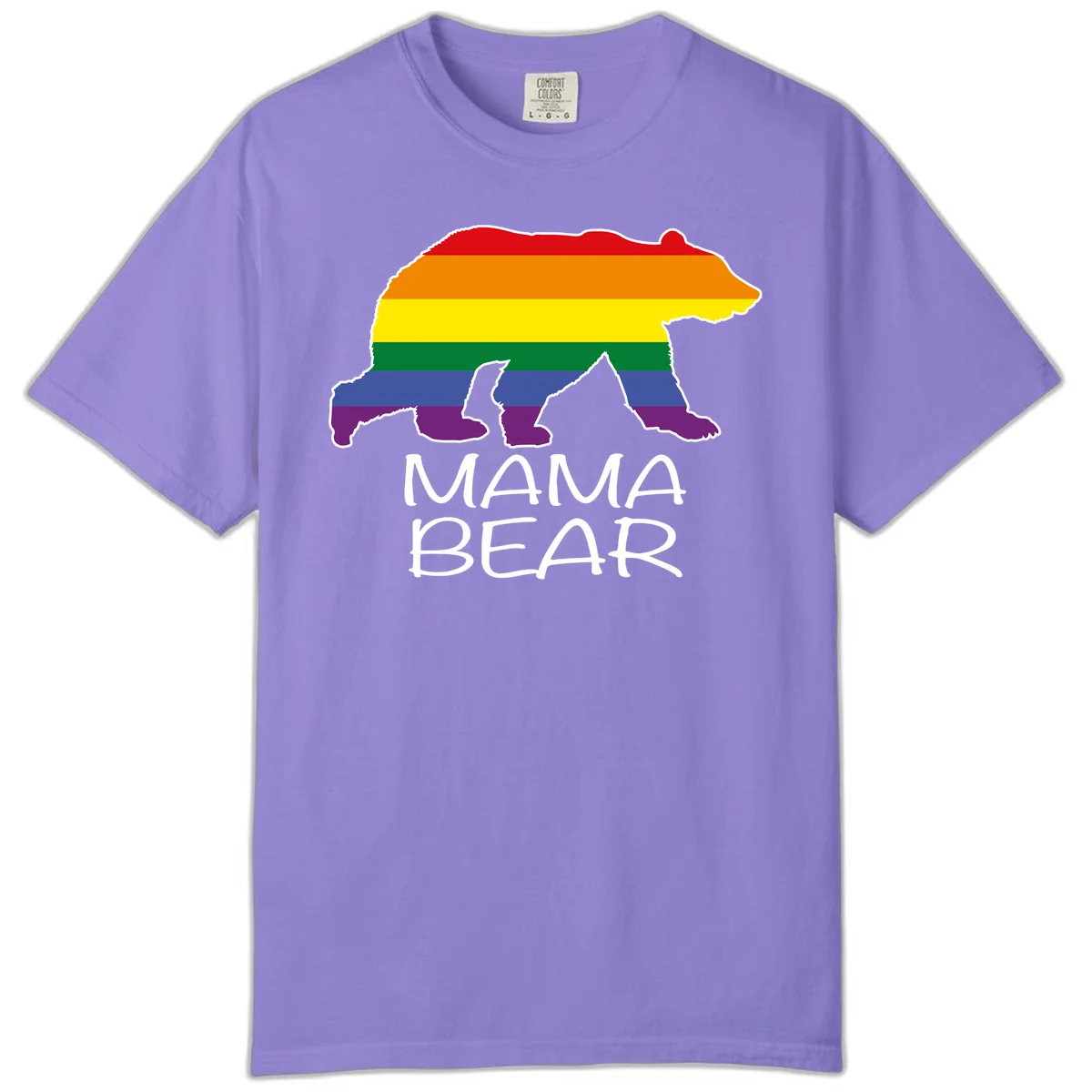 Mama bear silhouette with rainbow pride stripes and mountain details, with 'MAMA BEAR' text below in Violet