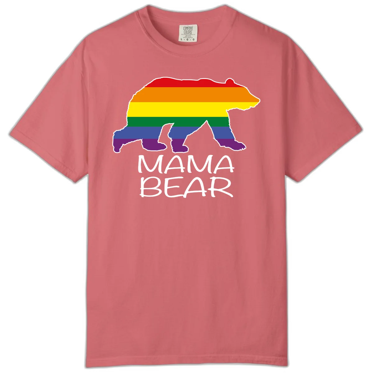 Mama bear silhouette with rainbow pride stripes and mountain details, with 'MAMA BEAR' text below in Watermelon
