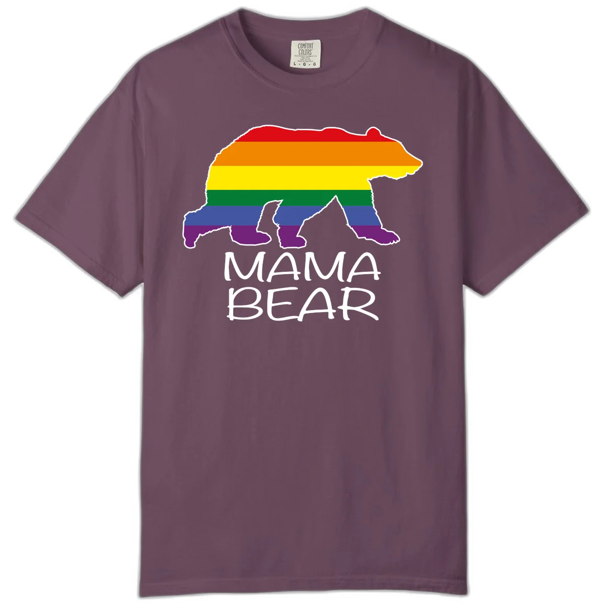 Mama bear silhouette with rainbow pride stripes and mountain details, with 'MAMA BEAR' text below in Berry
