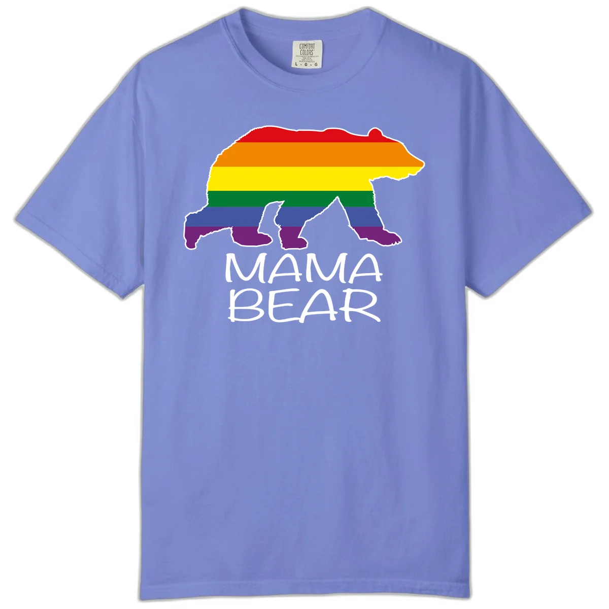 Mama bear silhouette with rainbow pride stripes and mountain details, with 'MAMA BEAR' text below in Flo Blue