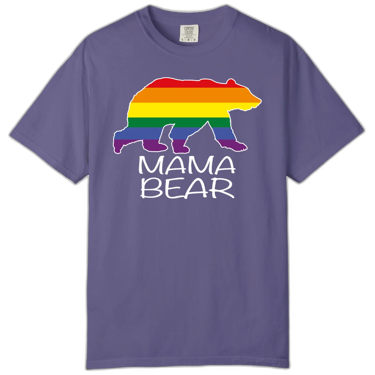 Mama bear silhouette with rainbow pride stripes and mountain details, with 'MAMA BEAR' text below in Grape