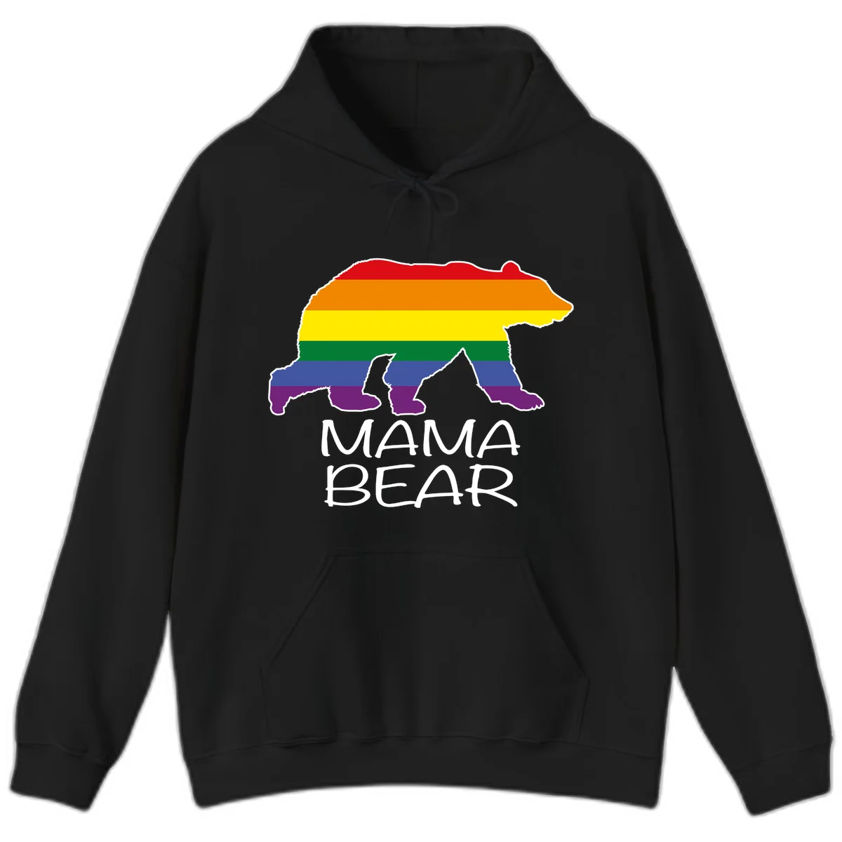 Mama bear silhouette with rainbow pride stripes and mountain details, with 'MAMA BEAR' text below in Black