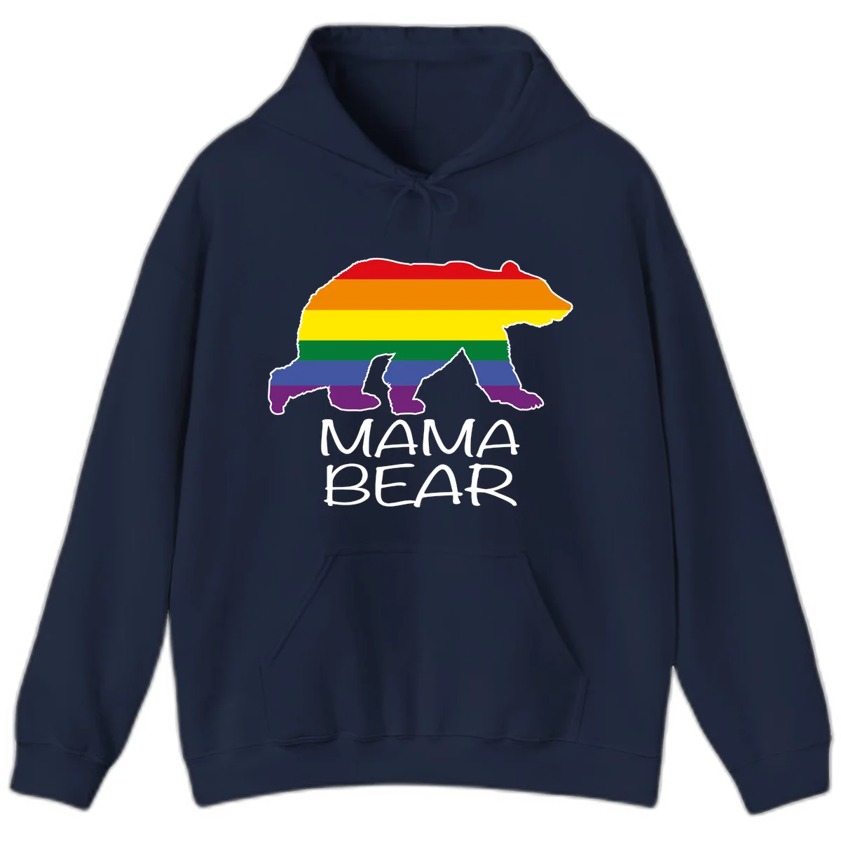Mama bear silhouette with rainbow pride stripes and mountain details, with 'MAMA BEAR' text below in Navy