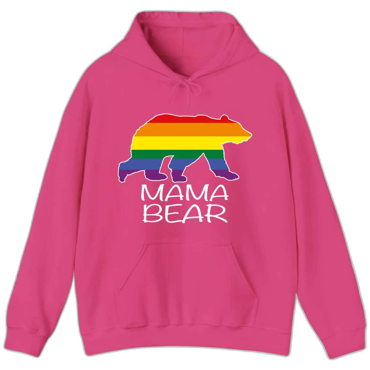 Mama bear silhouette with rainbow pride stripes and mountain details, with 'MAMA BEAR' text below in Heliconia