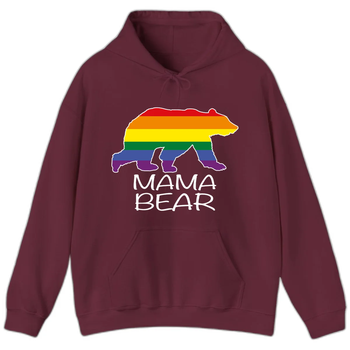 Mama bear silhouette with rainbow pride stripes and mountain details, with 'MAMA BEAR' text below in Maroon