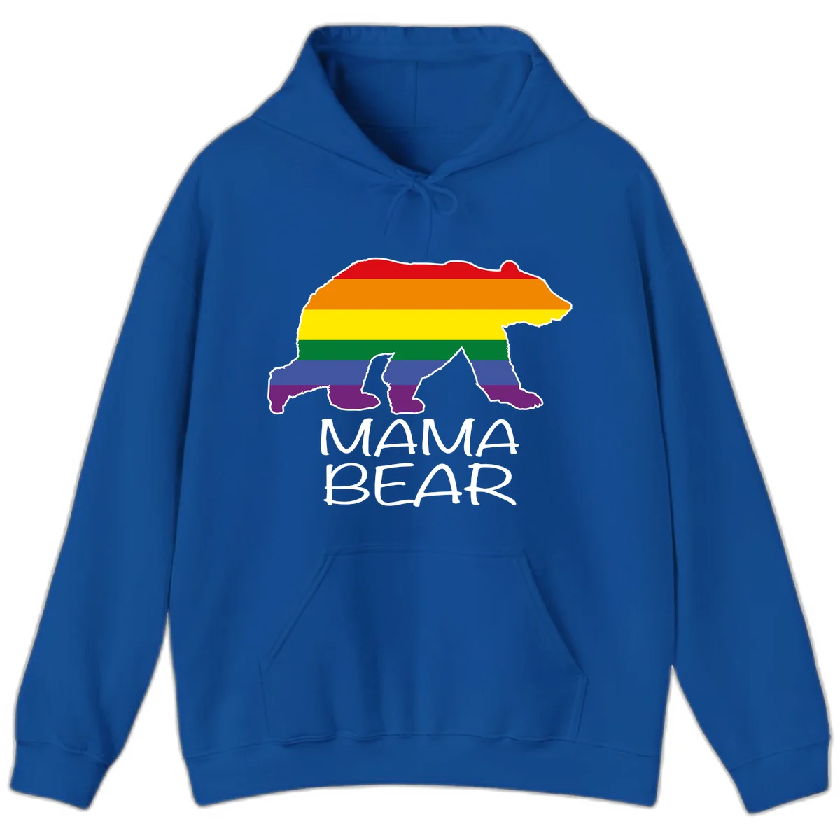 Mama bear silhouette with rainbow pride stripes and mountain details, with 'MAMA BEAR' text below in Royal