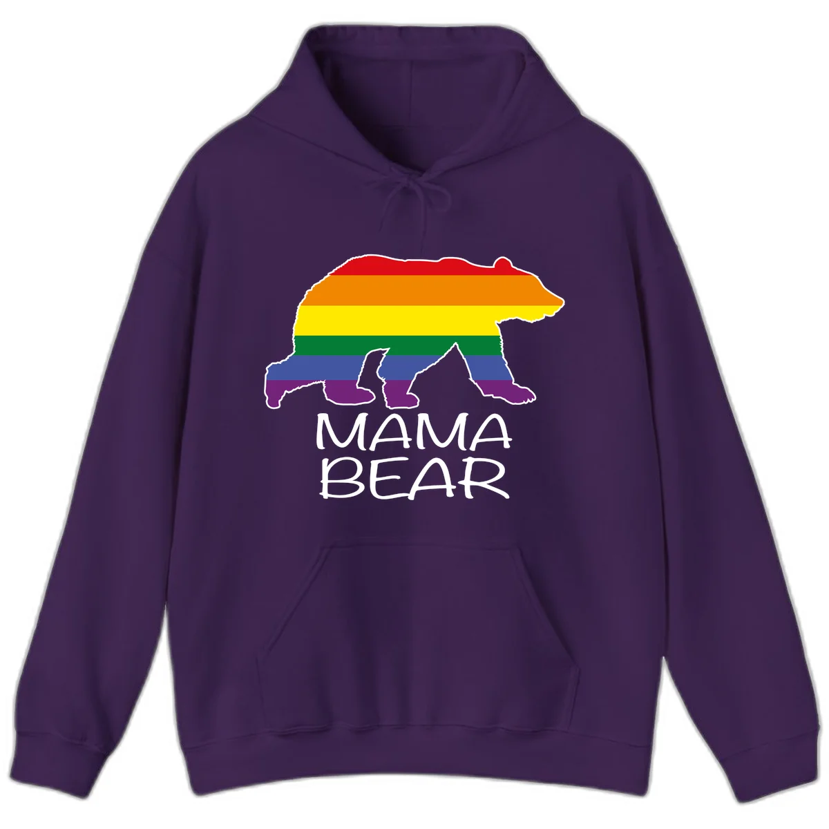 Mama bear silhouette with rainbow pride stripes and mountain details, with 'MAMA BEAR' text below in Purple