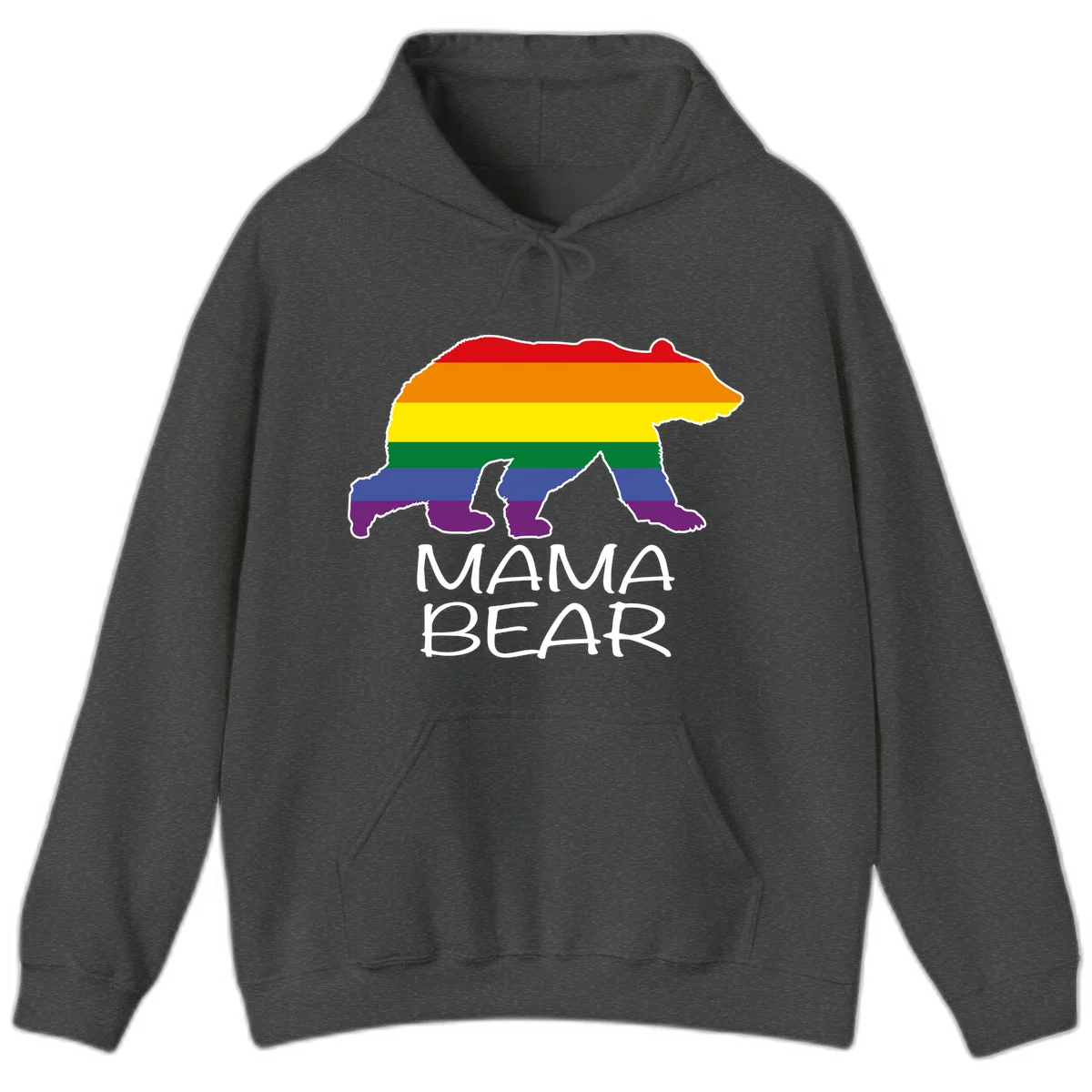Mama bear silhouette with rainbow pride stripes and mountain details, with 'MAMA BEAR' text below in Dark Heather