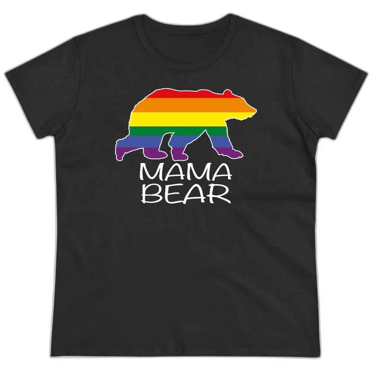 Mama bear silhouette with rainbow pride stripes and mountain details, with 'MAMA BEAR' text below in Black