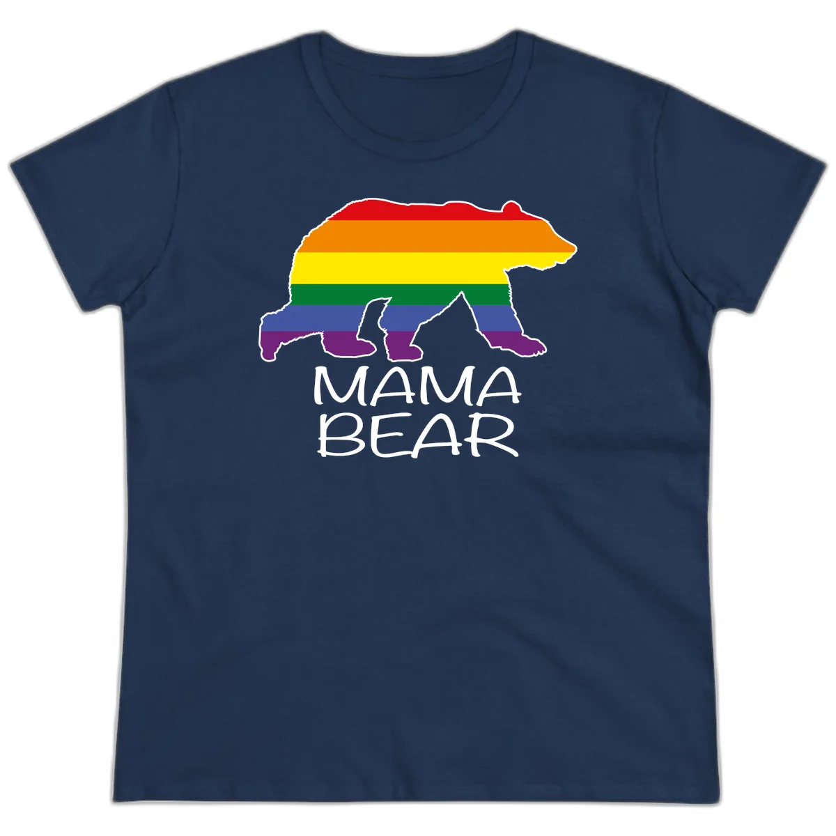 Mama bear silhouette with rainbow pride stripes and mountain details, with 'MAMA BEAR' text below in Navy