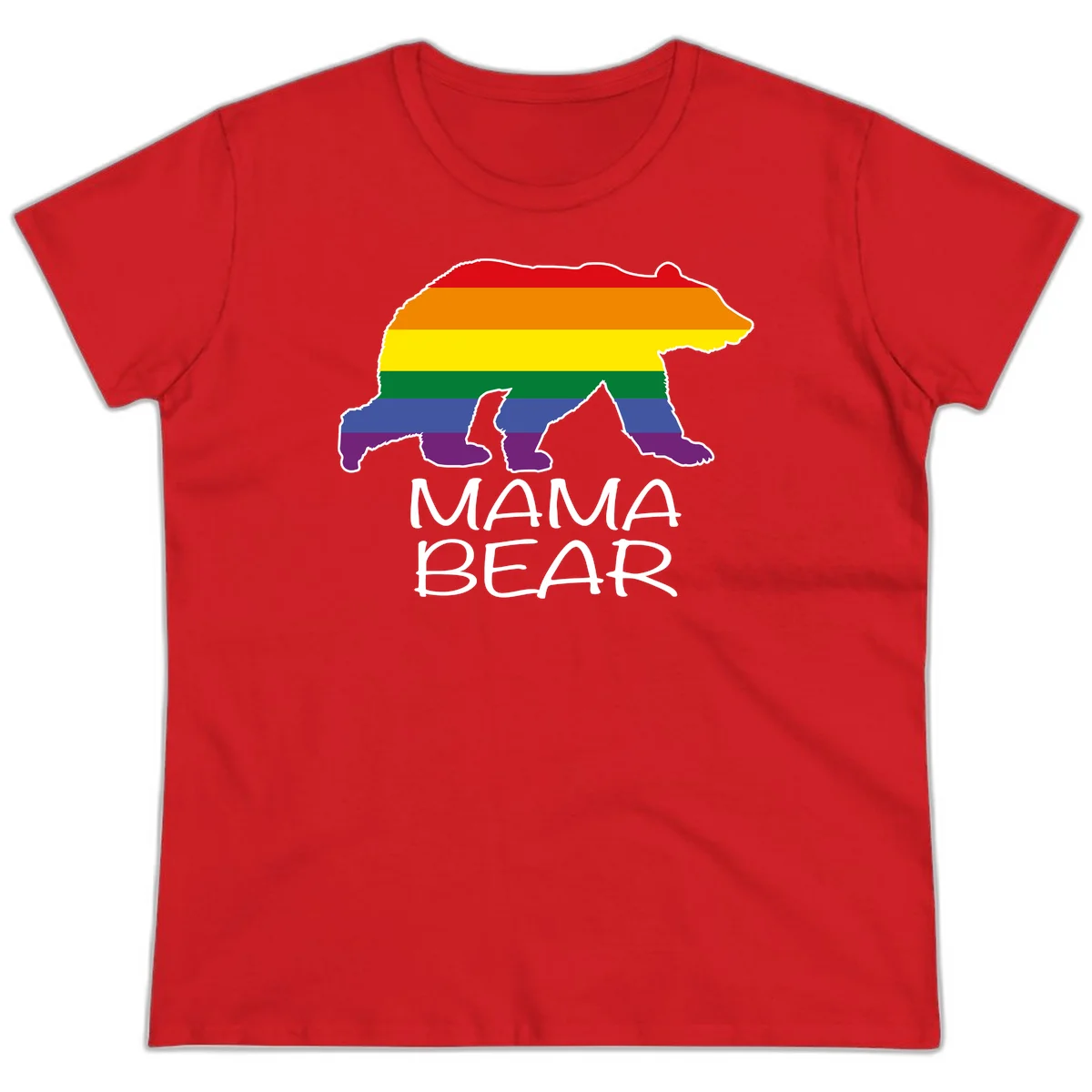 Mama bear silhouette with rainbow pride stripes and mountain details, with 'MAMA BEAR' text below in Red
