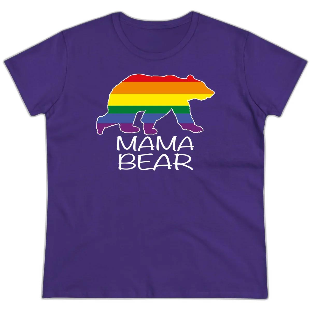Mama bear silhouette with rainbow pride stripes and mountain details, with 'MAMA BEAR' text below in Purple