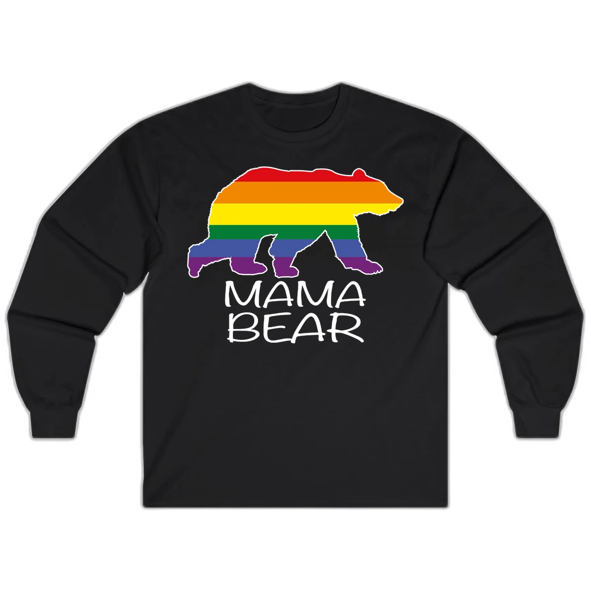 Mama bear silhouette with rainbow pride stripes and mountain details, with 'MAMA BEAR' text below in Black