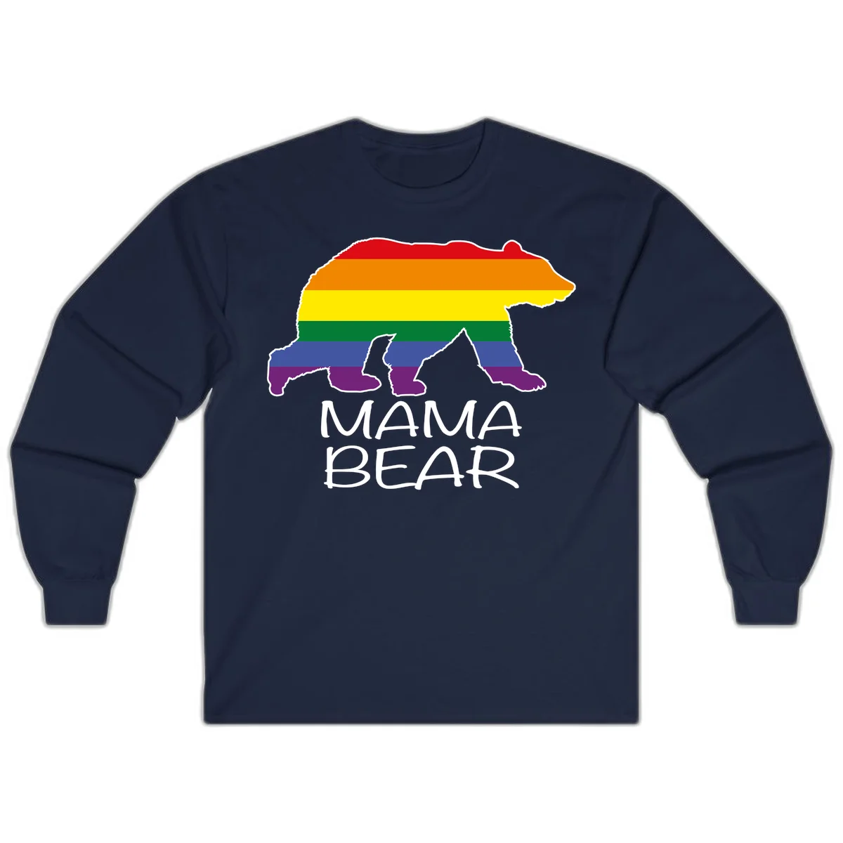 Mama bear silhouette with rainbow pride stripes and mountain details, with 'MAMA BEAR' text below in Navy