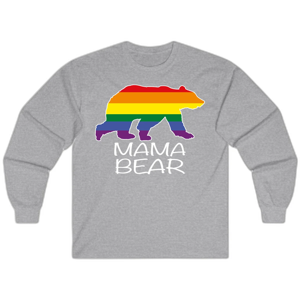 Mama bear silhouette with rainbow pride stripes and mountain details, with 'MAMA BEAR' text below in Sport Grey