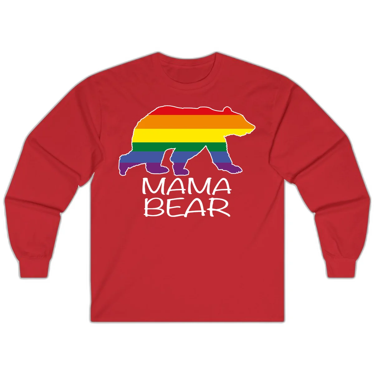 Mama bear silhouette with rainbow pride stripes and mountain details, with 'MAMA BEAR' text below in Red