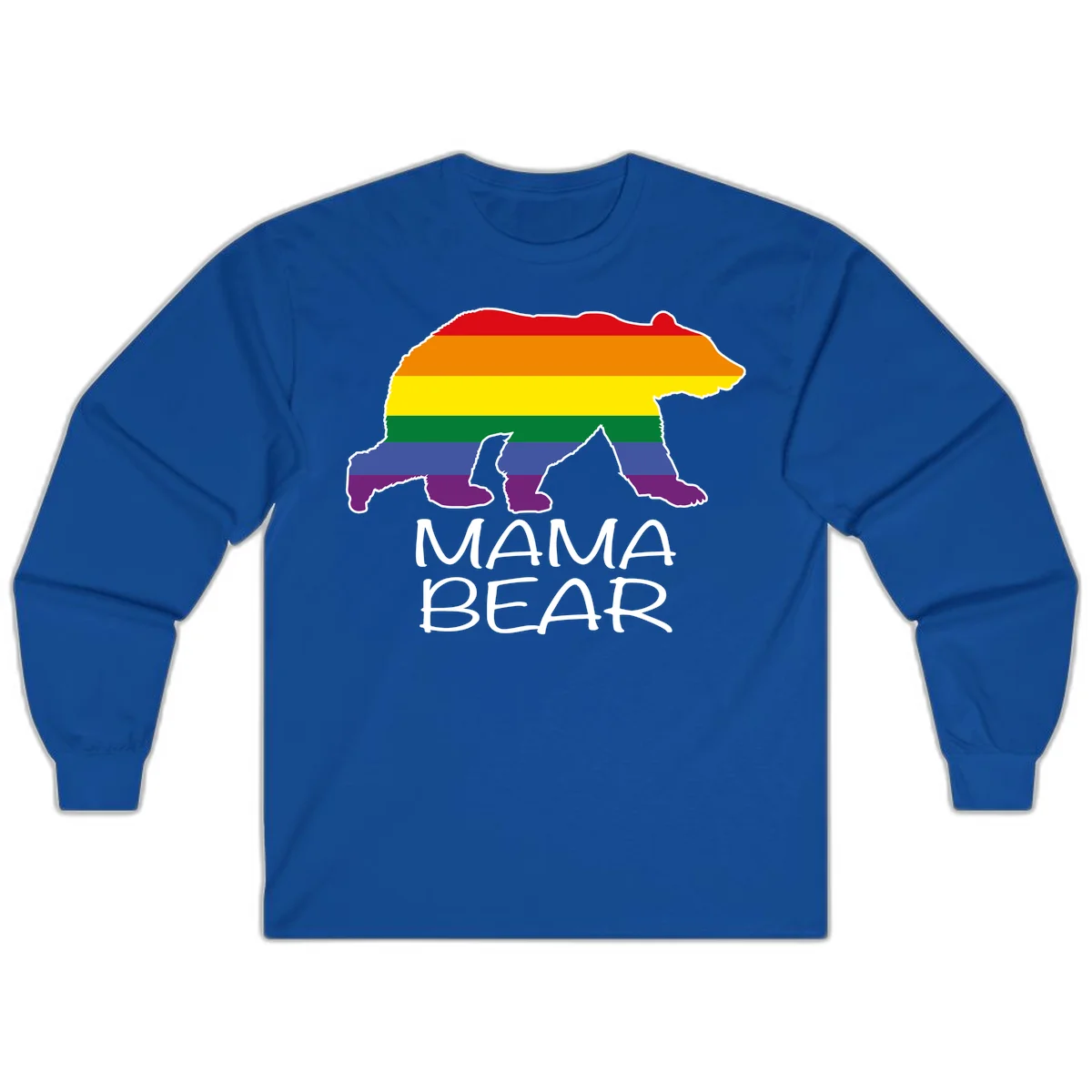Mama bear silhouette with rainbow pride stripes and mountain details, with 'MAMA BEAR' text below in Royal