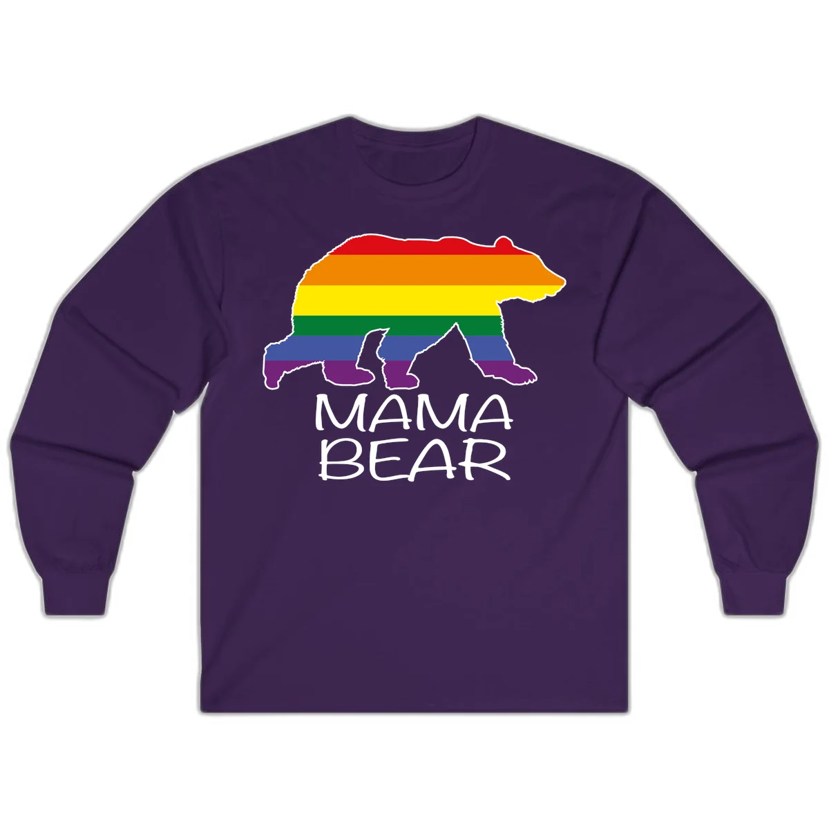 Mama bear silhouette with rainbow pride stripes and mountain details, with 'MAMA BEAR' text below in Purple