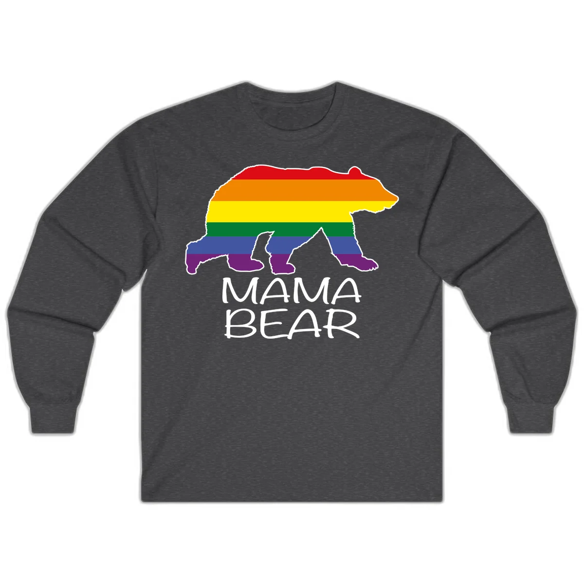 Mama bear silhouette with rainbow pride stripes and mountain details, with 'MAMA BEAR' text below in Dark Heather