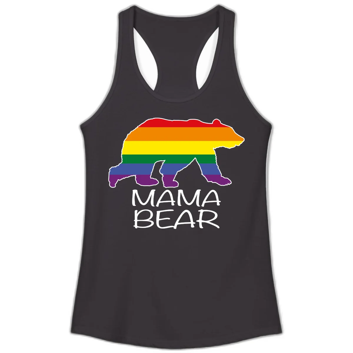 Mama bear silhouette with rainbow pride stripes and mountain details, with 'MAMA BEAR' text below in Black