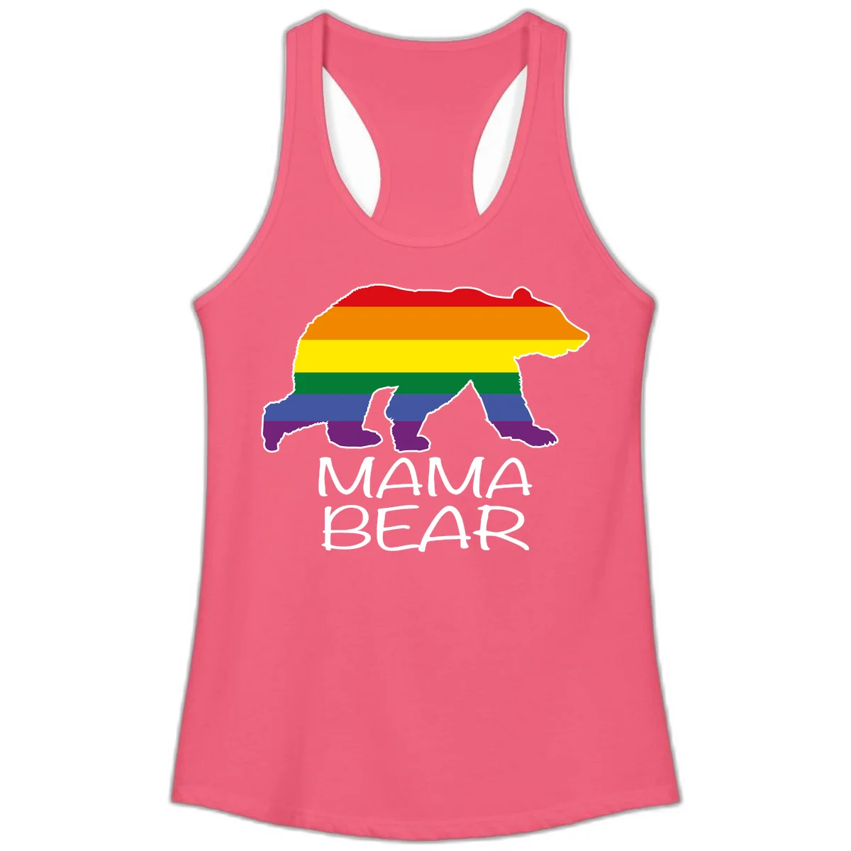 Mama bear silhouette with rainbow pride stripes and mountain details, with 'MAMA BEAR' text below in Hot Pink