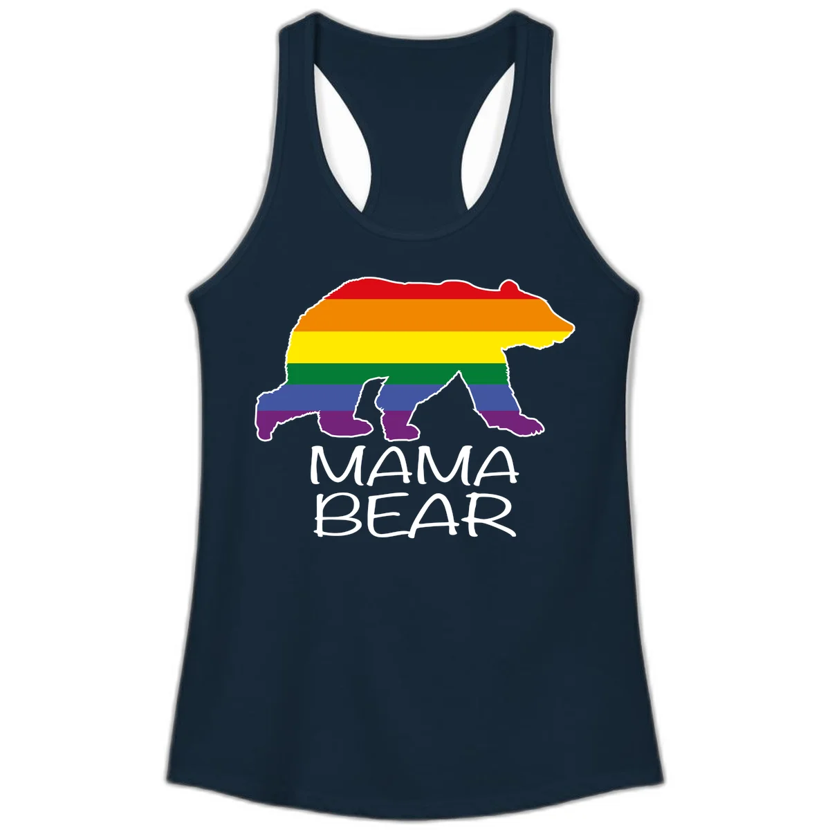 Mama bear silhouette with rainbow pride stripes and mountain details, with 'MAMA BEAR' text below in Solid Midnight Navy