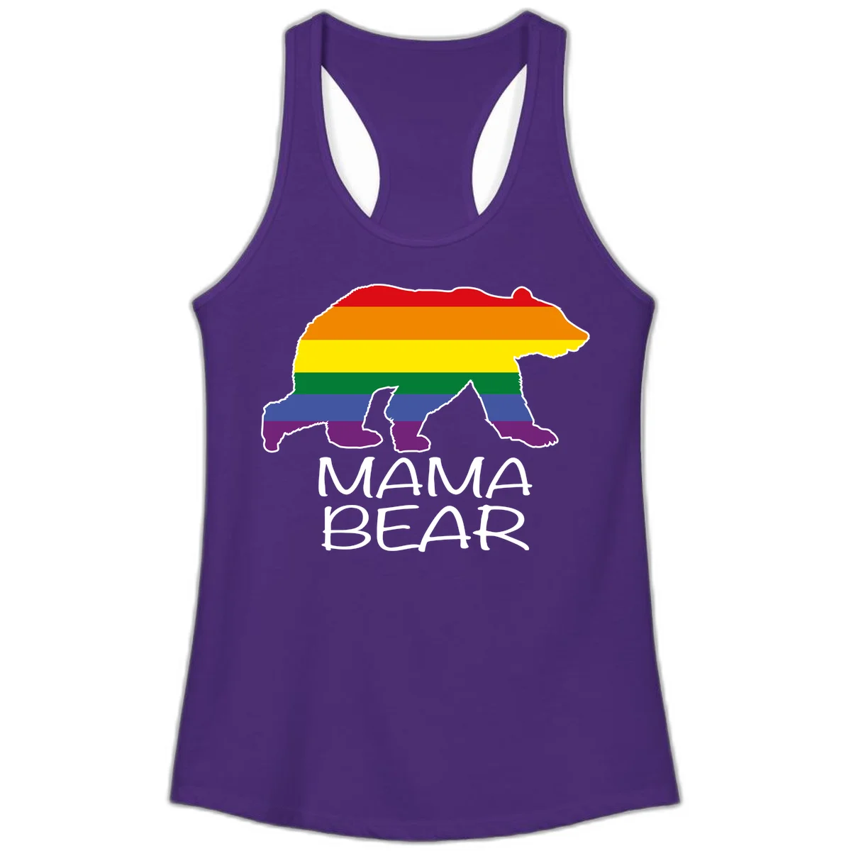 Mama bear silhouette with rainbow pride stripes and mountain details, with 'MAMA BEAR' text below in Solid Purple Rush