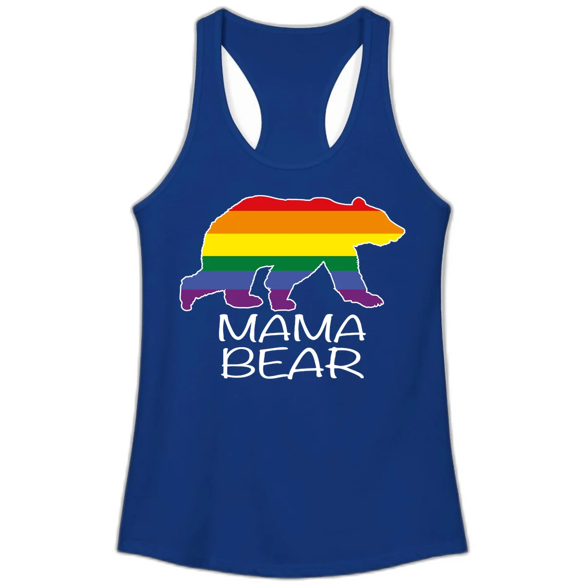 Mama bear silhouette with rainbow pride stripes and mountain details, with 'MAMA BEAR' text below in Solid Royal