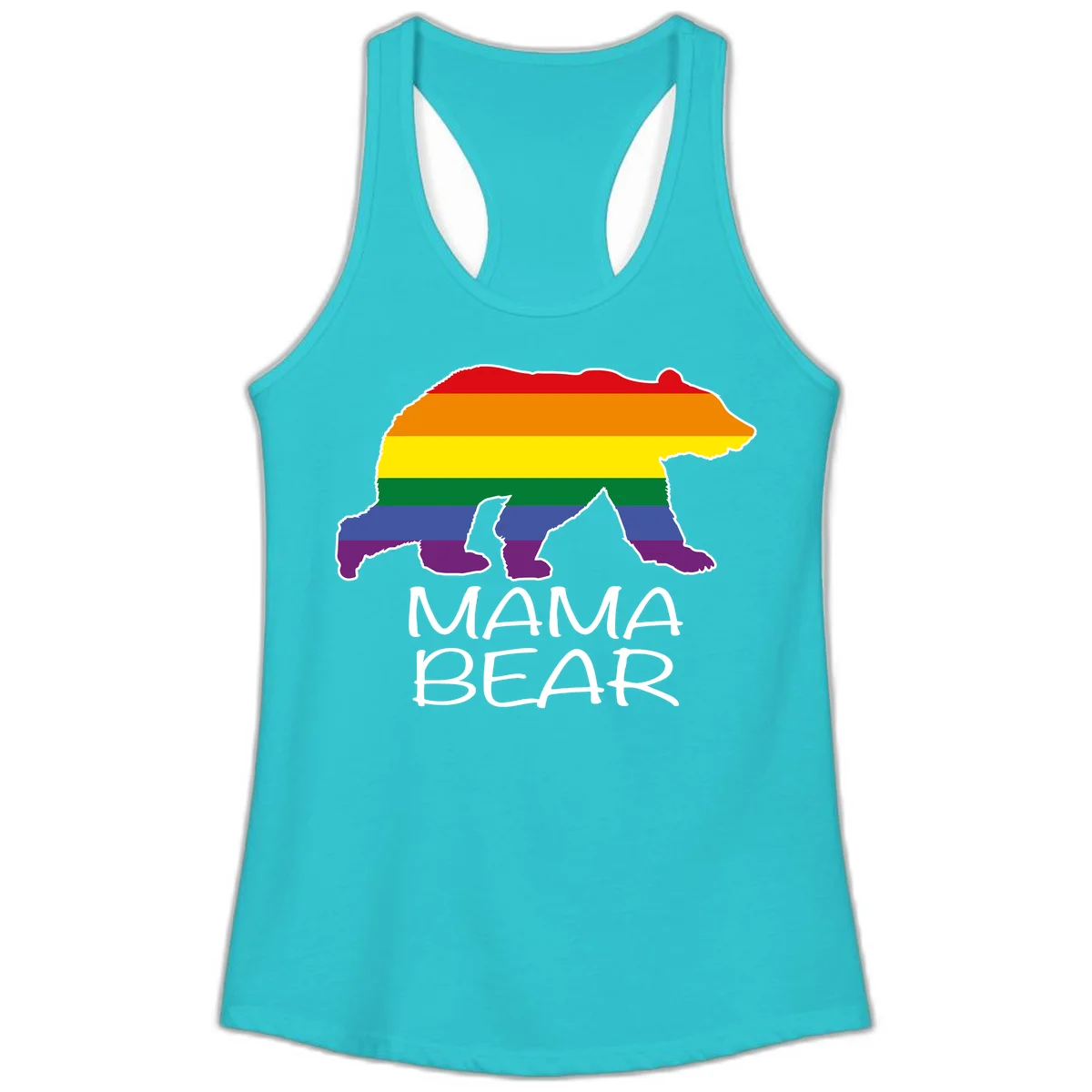 Mama bear silhouette with rainbow pride stripes and mountain details, with 'MAMA BEAR' text below in Solid Tahiti Blue