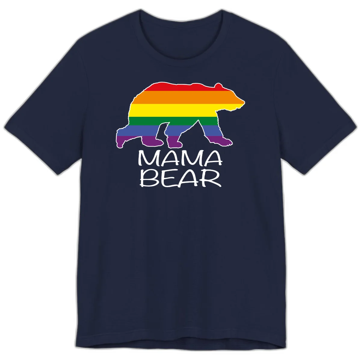 Mama bear silhouette with rainbow pride stripes and mountain details, with 'MAMA BEAR' text below in Navy