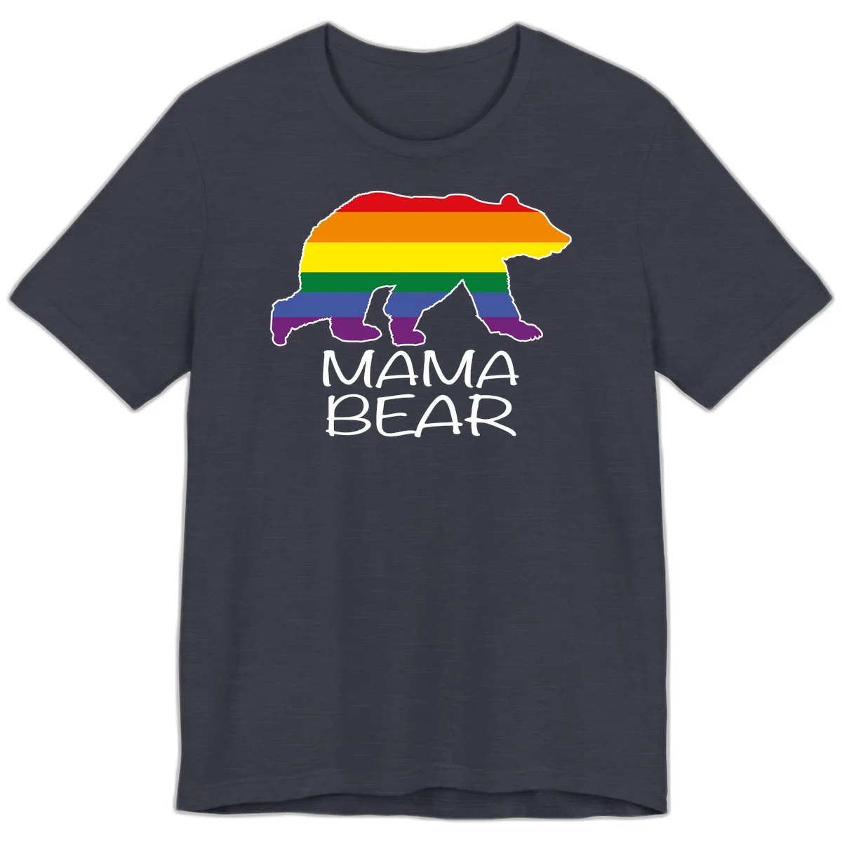 Mama bear silhouette with rainbow pride stripes and mountain details, with 'MAMA BEAR' text below in Heather Midnight Navy