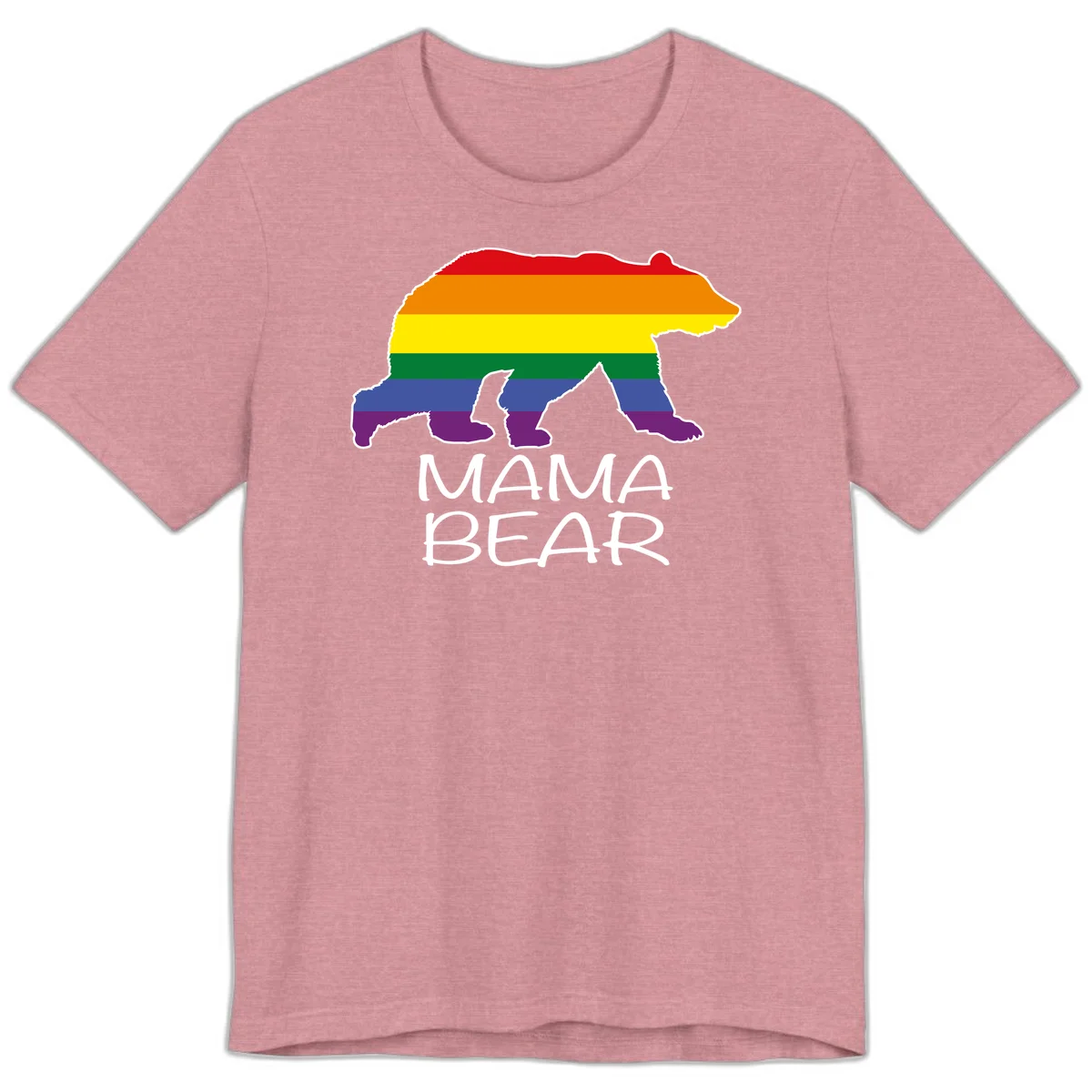 Mama bear silhouette with rainbow pride stripes and mountain details, with 'MAMA BEAR' text below in Heather Orchid