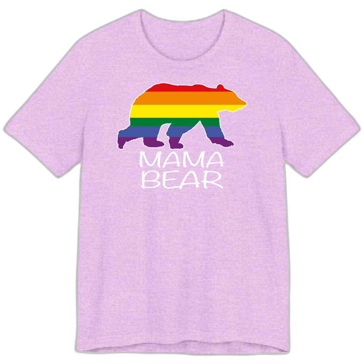 Mama bear silhouette with rainbow pride stripes and mountain details, with 'MAMA BEAR' text below in Heather Prism Lilac