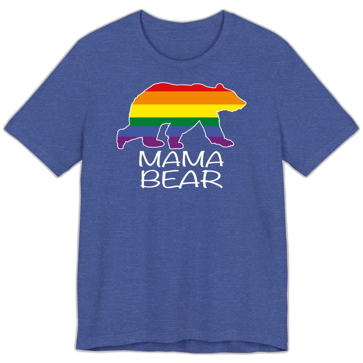 Mama bear silhouette with rainbow pride stripes and mountain details, with 'MAMA BEAR' text below in Heather True Royal