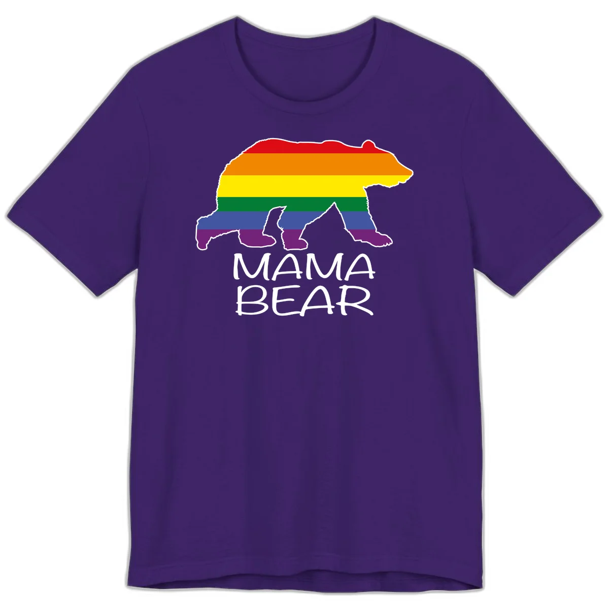 Mama bear silhouette with rainbow pride stripes and mountain details, with 'MAMA BEAR' text below in Team Purple