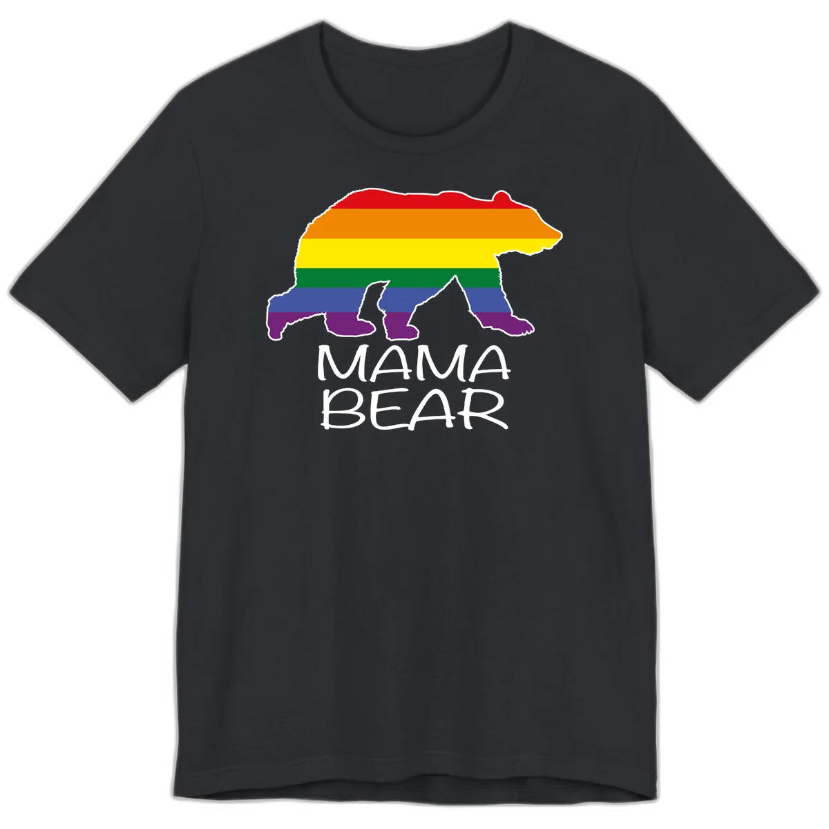 Mama bear silhouette with rainbow pride stripes and mountain details, with 'MAMA BEAR' text below in Vintage Black