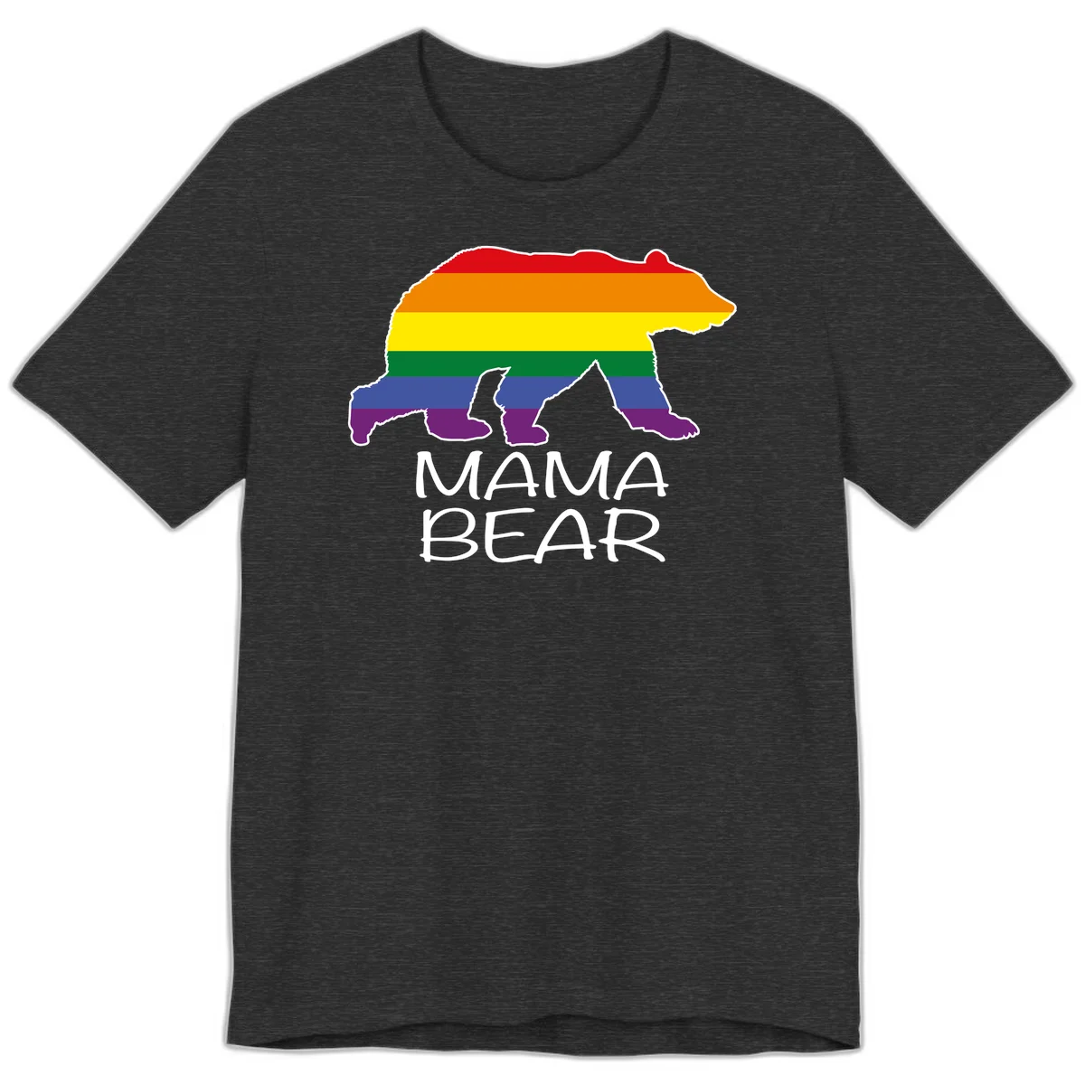 Mama bear silhouette with rainbow pride stripes and mountain details, with 'MAMA BEAR' text below in Dark Grey Heather