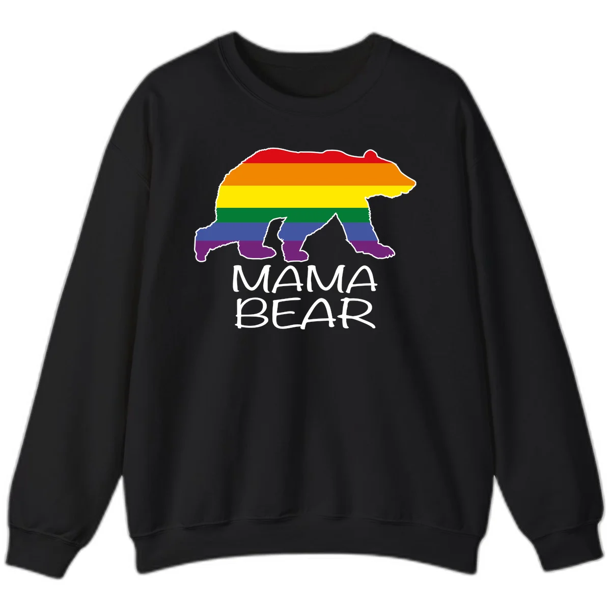 Mama bear silhouette with rainbow pride stripes and mountain details, with 'MAMA BEAR' text below in Black