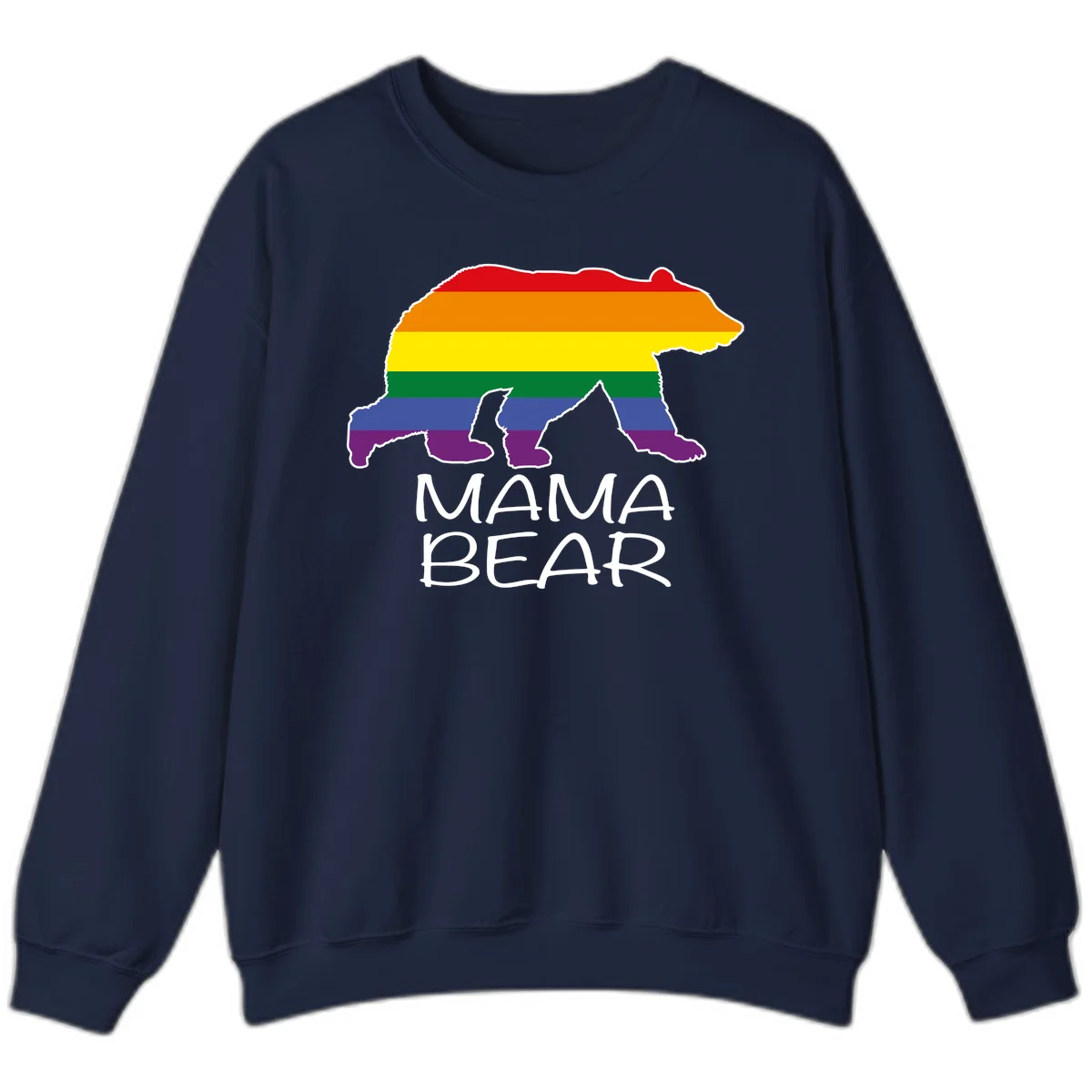 Mama bear silhouette with rainbow pride stripes and mountain details, with 'MAMA BEAR' text below in Navy