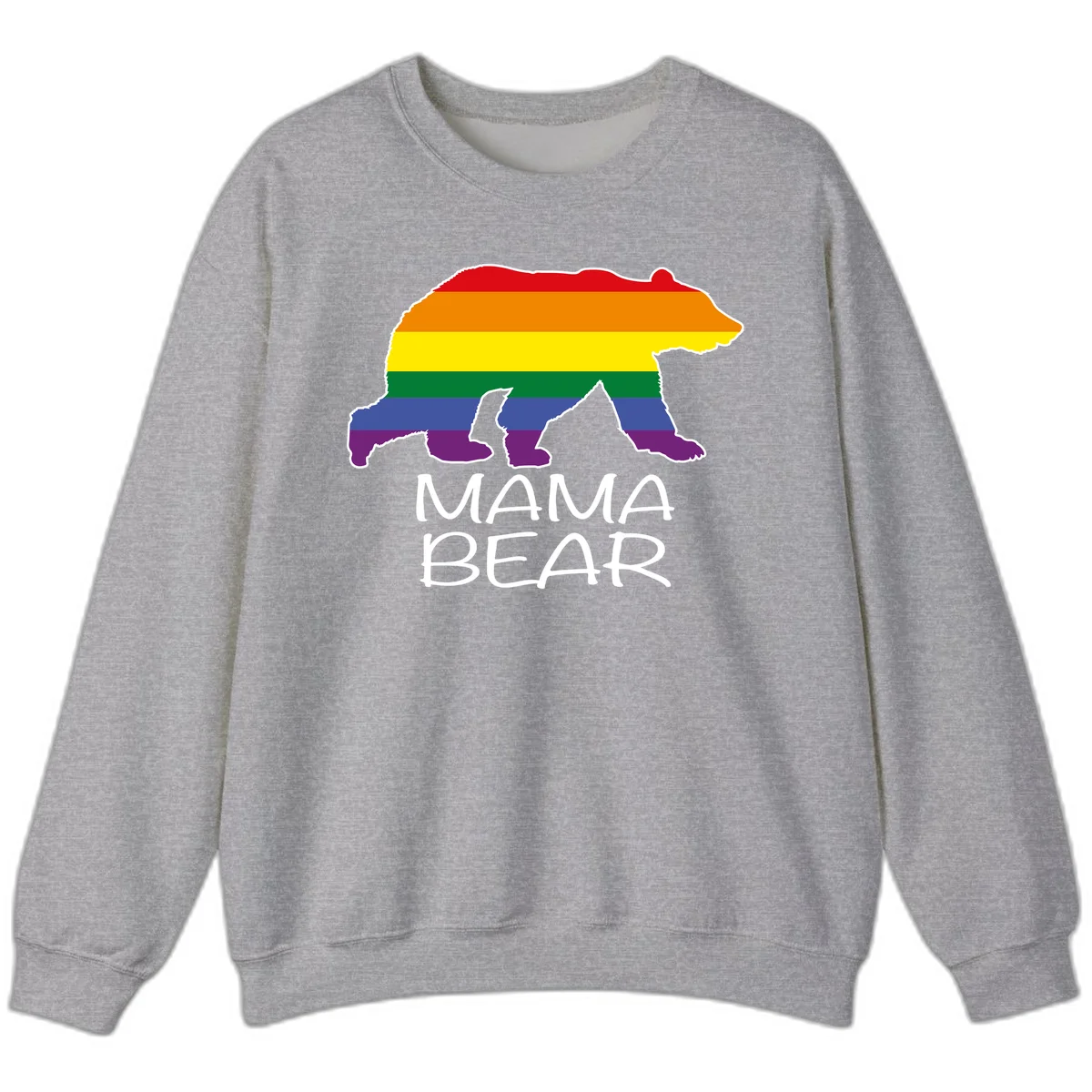 Mama bear silhouette with rainbow pride stripes and mountain details, with 'MAMA BEAR' text below in Sport Grey
