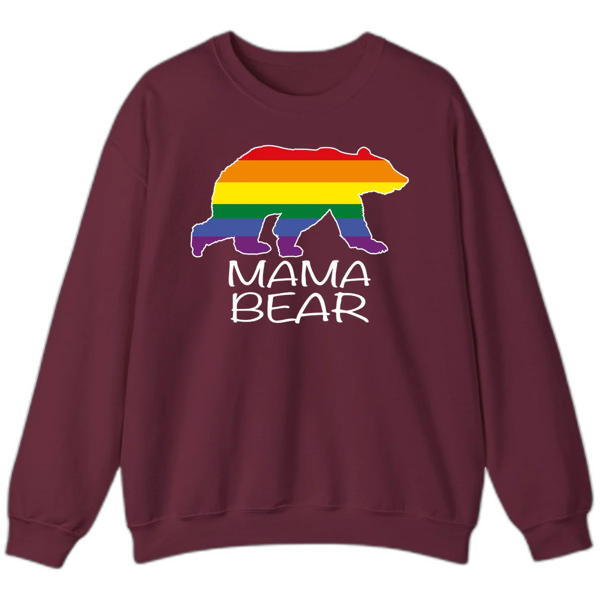 Mama bear silhouette with rainbow pride stripes and mountain details, with 'MAMA BEAR' text below in Maroon