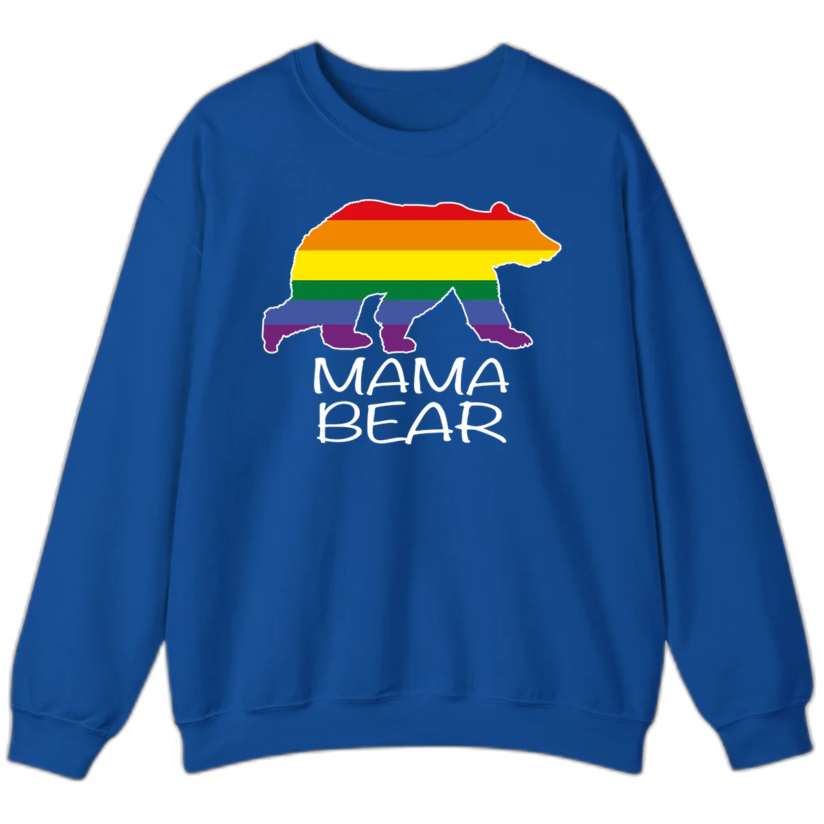 Mama bear silhouette with rainbow pride stripes and mountain details, with 'MAMA BEAR' text below in Royal