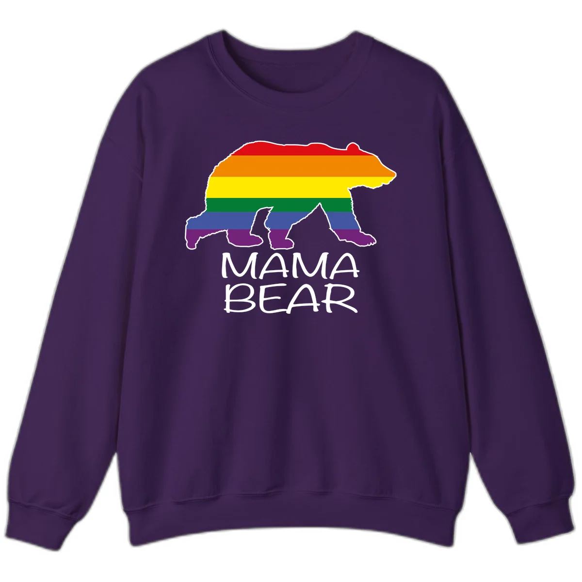 Mama bear silhouette with rainbow pride stripes and mountain details, with 'MAMA BEAR' text below in Purple