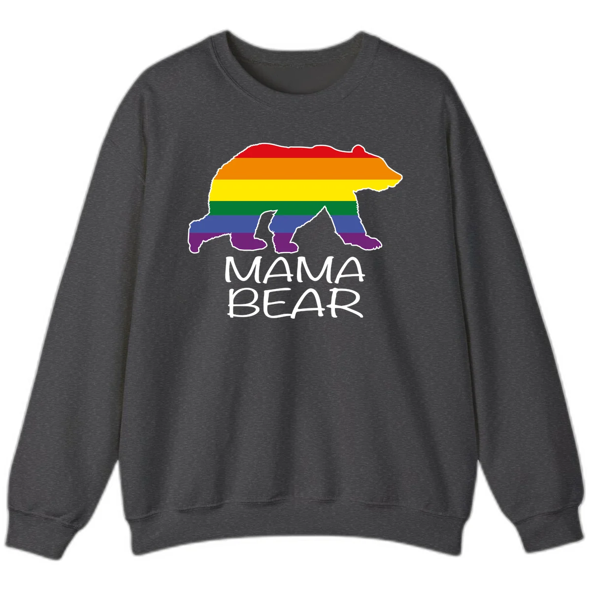 Mama bear silhouette with rainbow pride stripes and mountain details, with 'MAMA BEAR' text below in Dark Heather