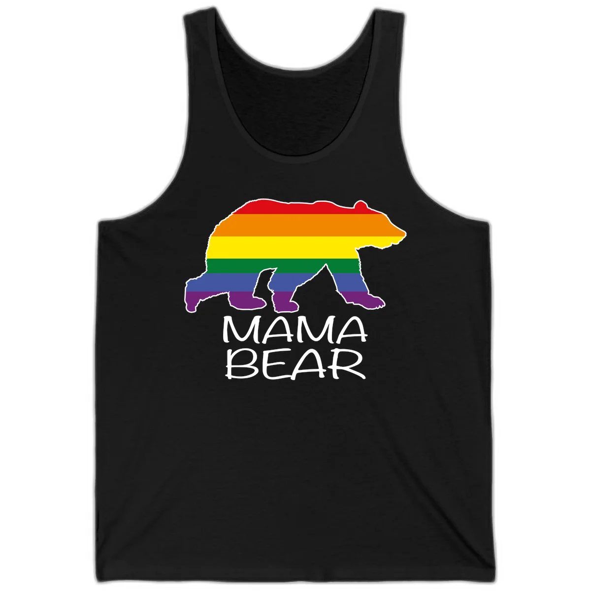 Mama bear silhouette with rainbow pride stripes and mountain details, with 'MAMA BEAR' text below in Black