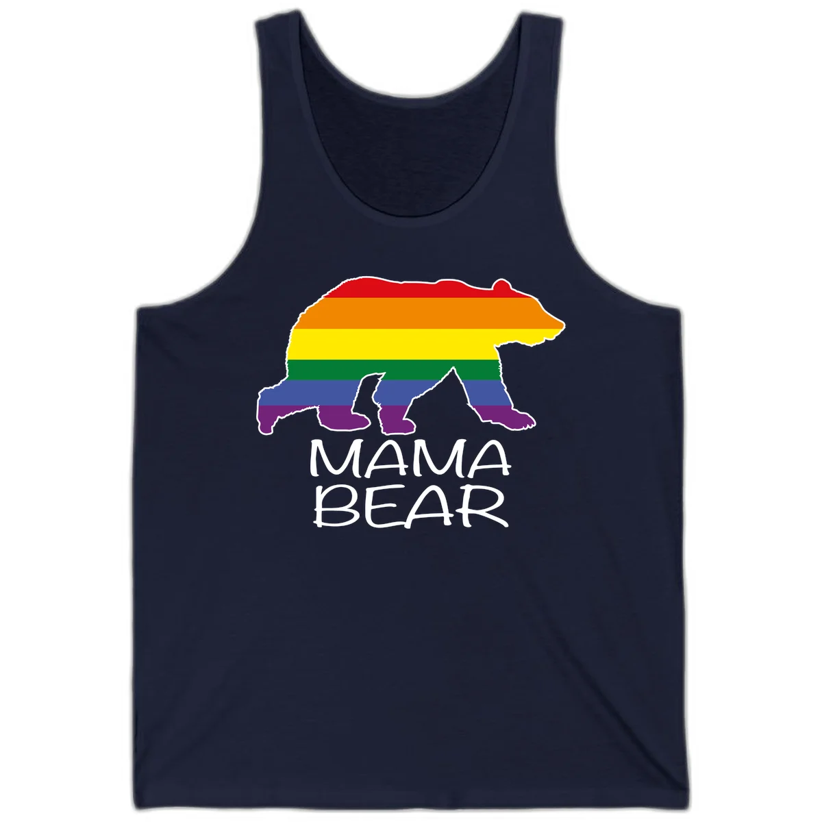 Mama bear silhouette with rainbow pride stripes and mountain details, with 'MAMA BEAR' text below in Navy