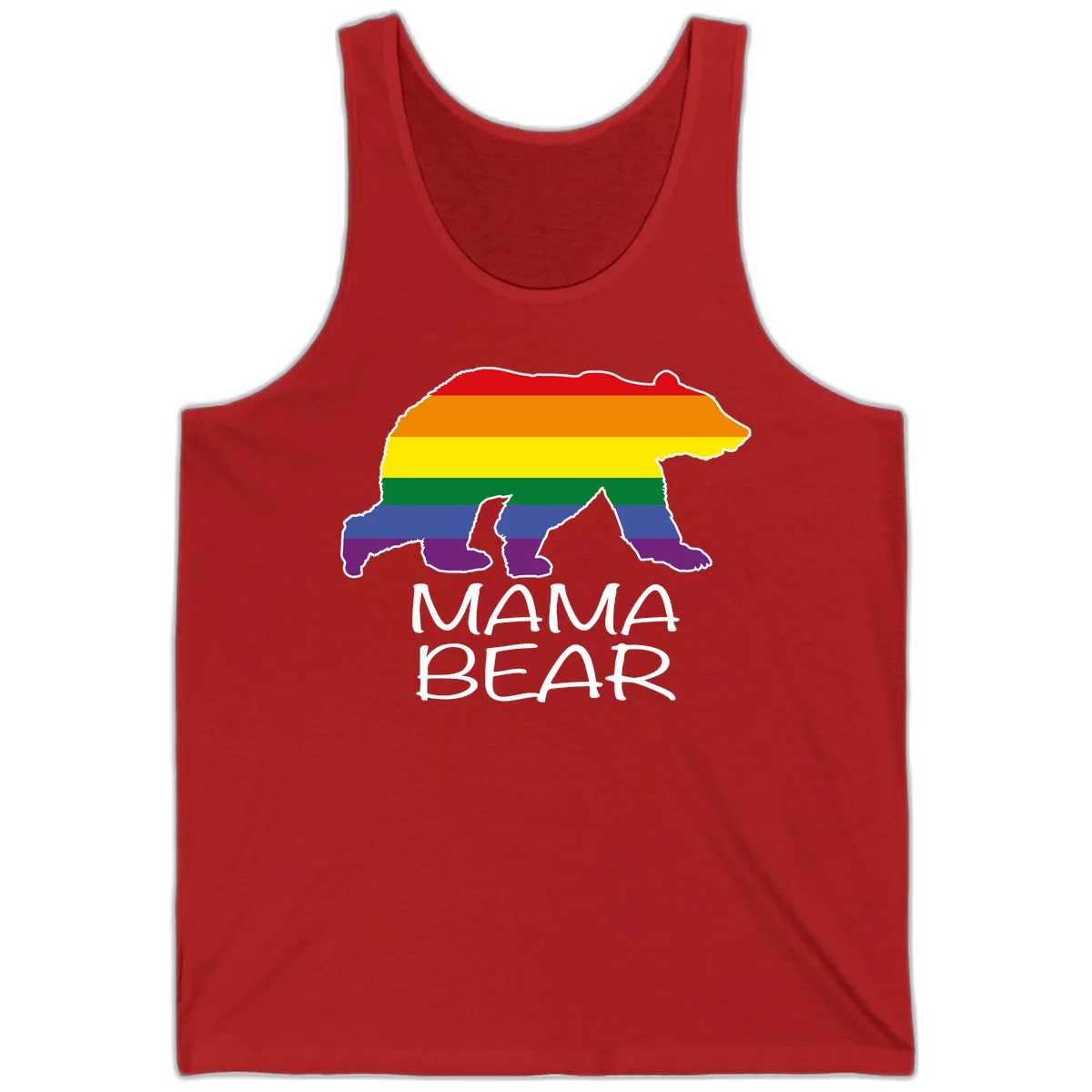 Mama bear silhouette with rainbow pride stripes and mountain details, with 'MAMA BEAR' text below in Red