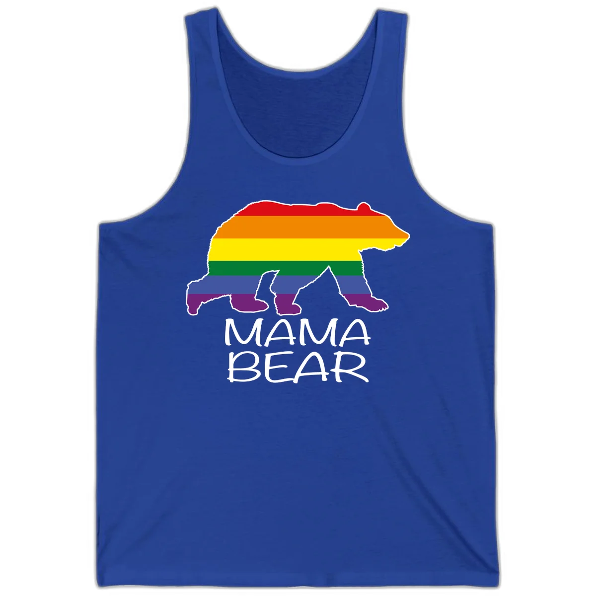 Mama bear silhouette with rainbow pride stripes and mountain details, with 'MAMA BEAR' text below in True Royal