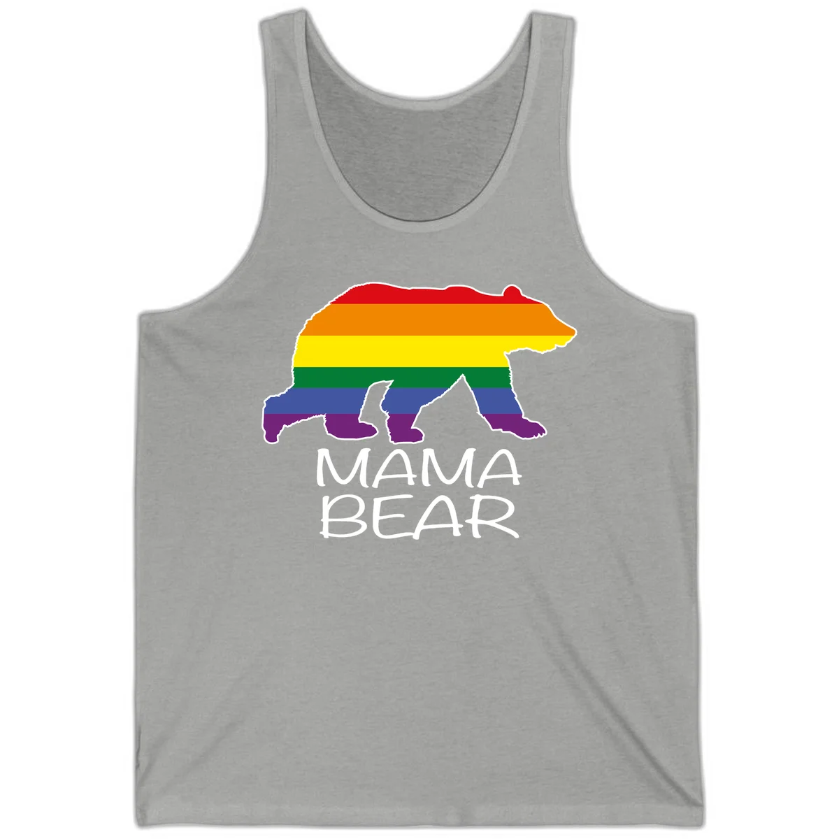 Mama bear silhouette with rainbow pride stripes and mountain details, with 'MAMA BEAR' text below in Athletic Heather